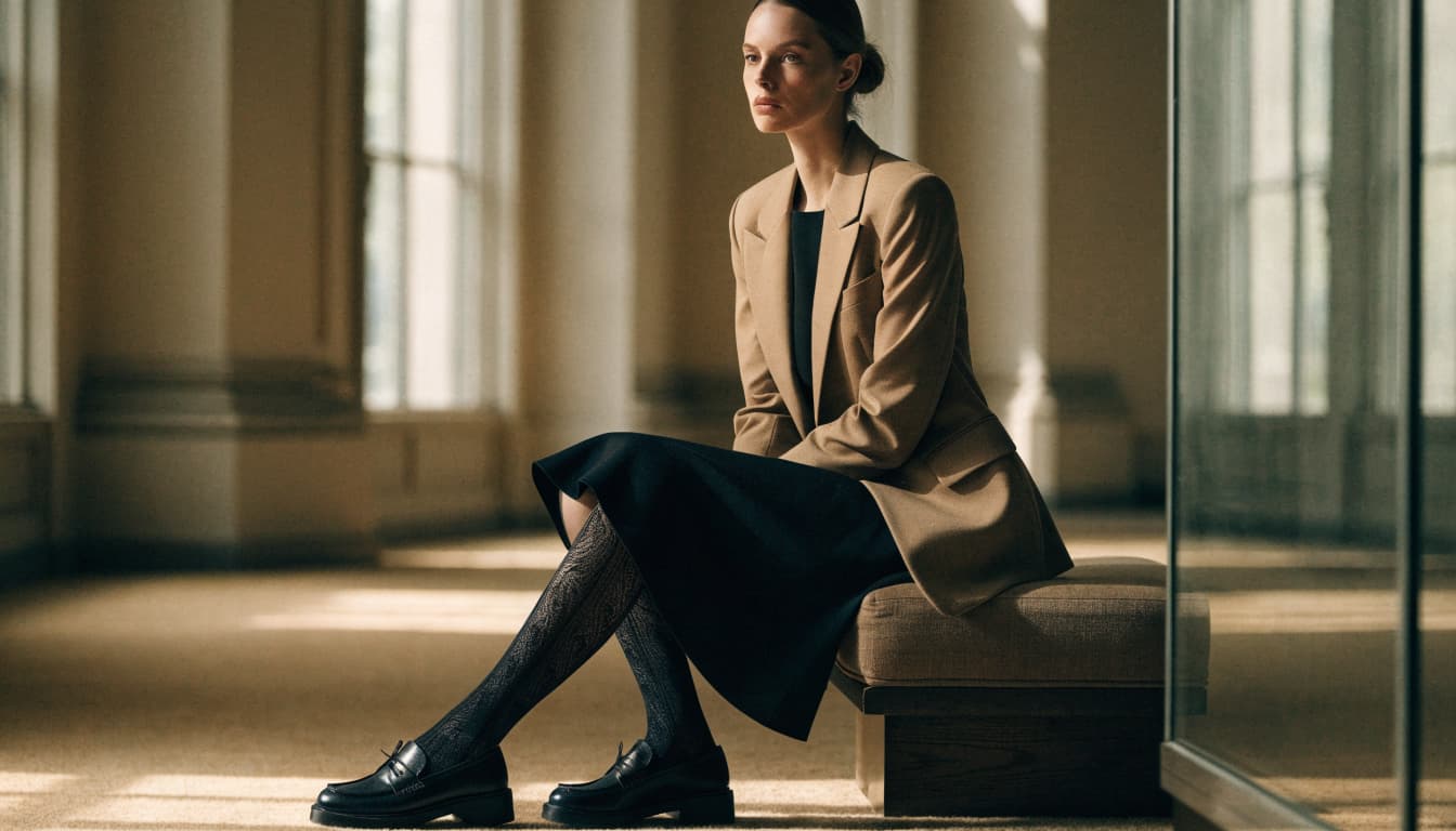 A seated woman wears black cable-pattern pantyhose with a tan blazer and black dress.