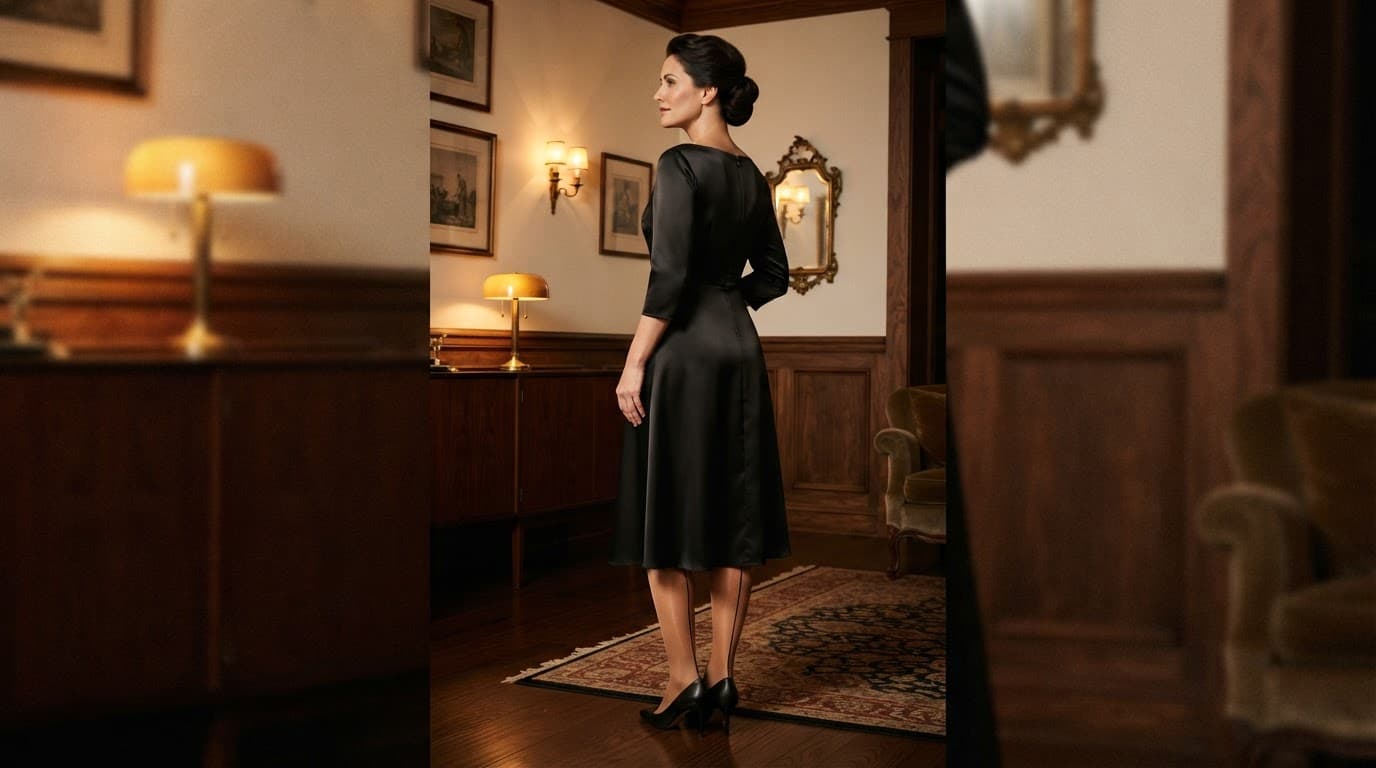 Woman in a black evening dress and tan backseam hosiery in a warmly lit interior.