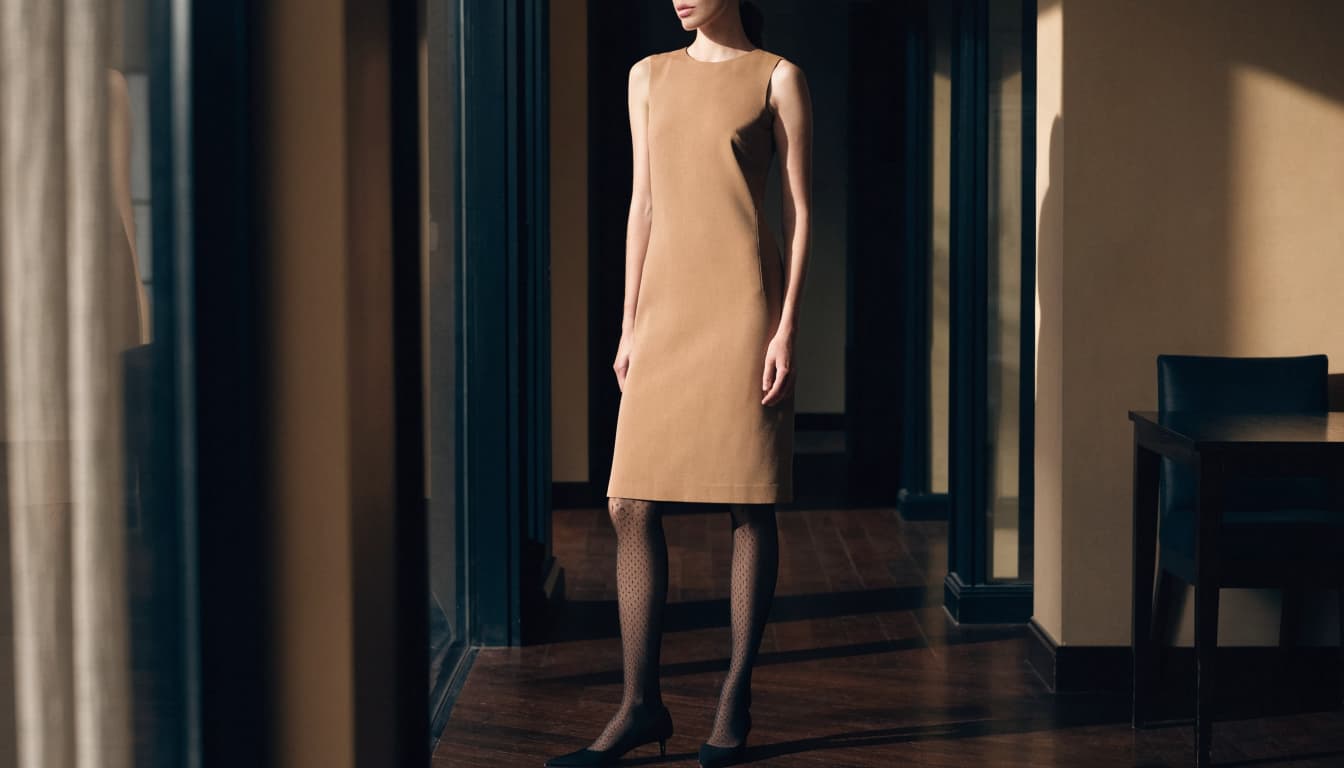 A woman in a tan dress and black dotted pantyhose stands in a hotel lounge.