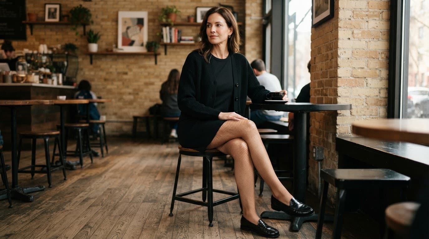 Woman wearing tan fishnets and black clothing in a warmly lit coffee shop.