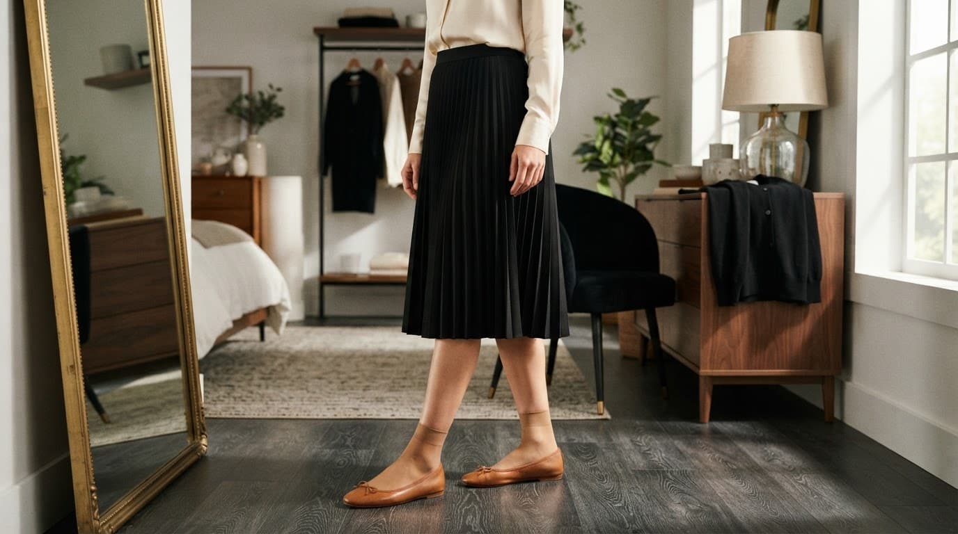 Woman wearing anklets above tan ballet flats with a neutral skirt.