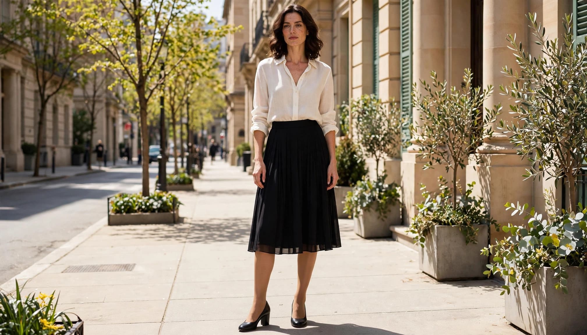 Woman in tan hosiery and a black midi skirt on a sunny city sidewalk.