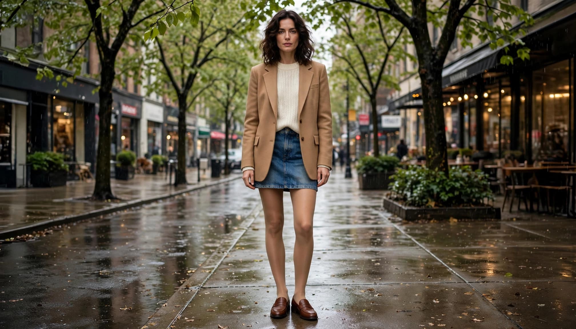 Woman in tan hosiery, a denim skirt, blazer, and loafers on a leafy sidewalk.
