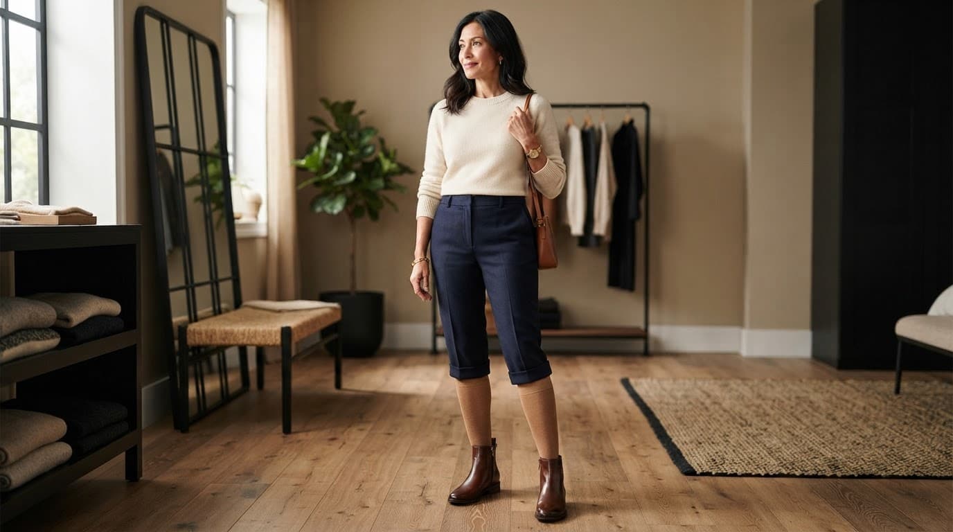 Woman wearing tan knee-high hosiery with navy trousers and brown ankle boots.