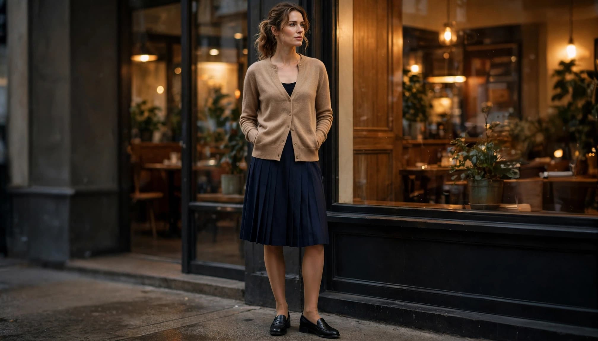 A woman in tan hosiery, a navy pleated skirt, a cardigan, and loafers stands by a cafe window.