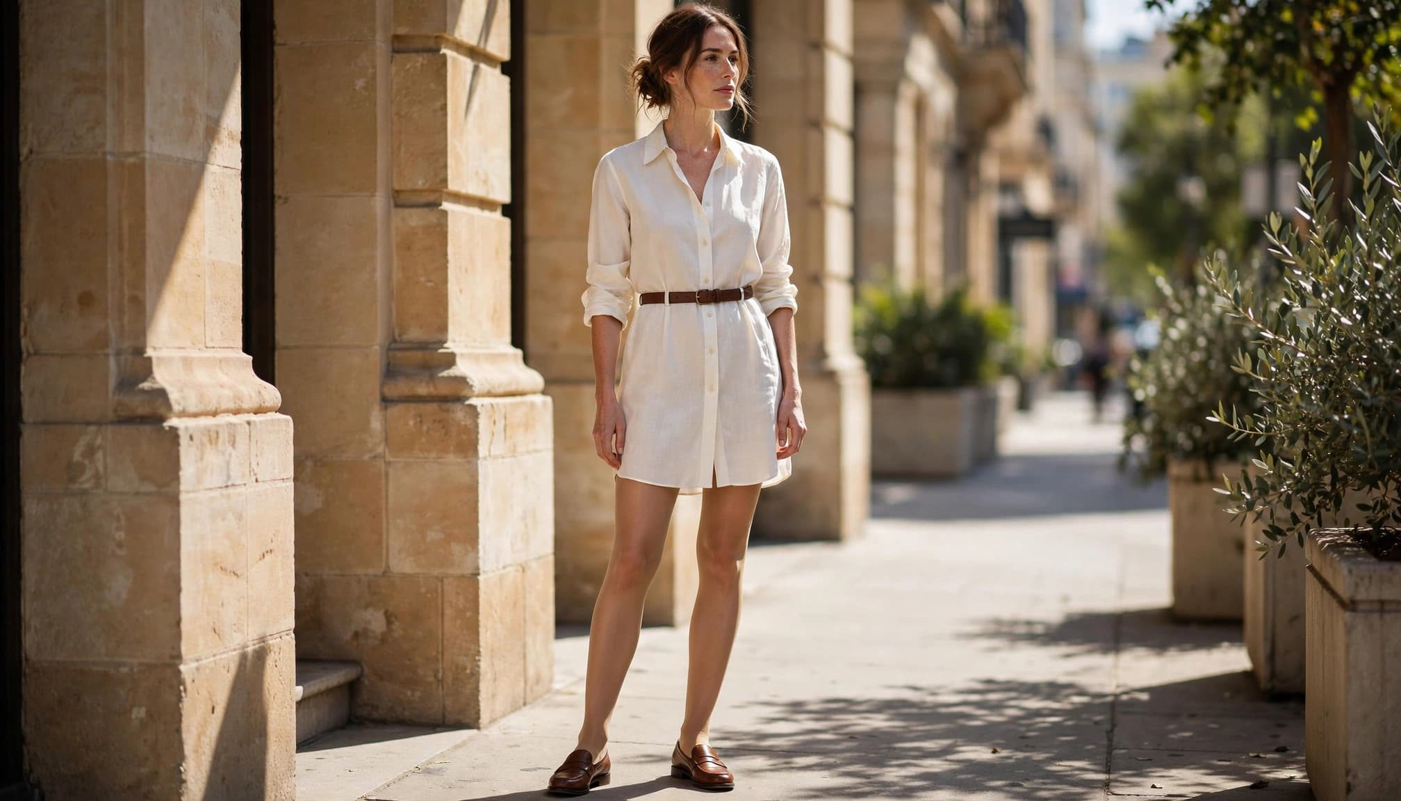 Woman in an ivory shirt dress and tan hosiery on a sunny city sidewalk.