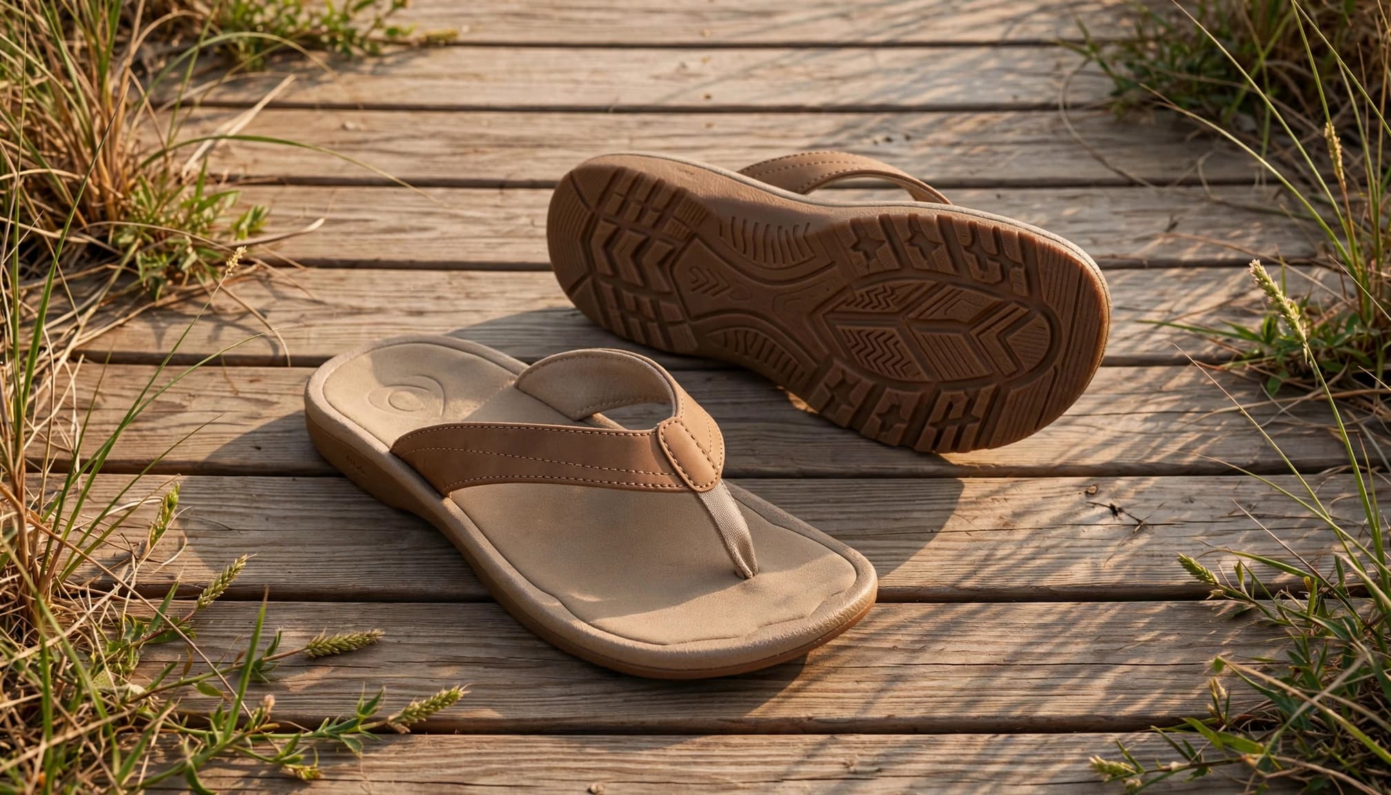 Tan and brown sandals on a wooden boardwalk, with one tilted to show its grooved sole.