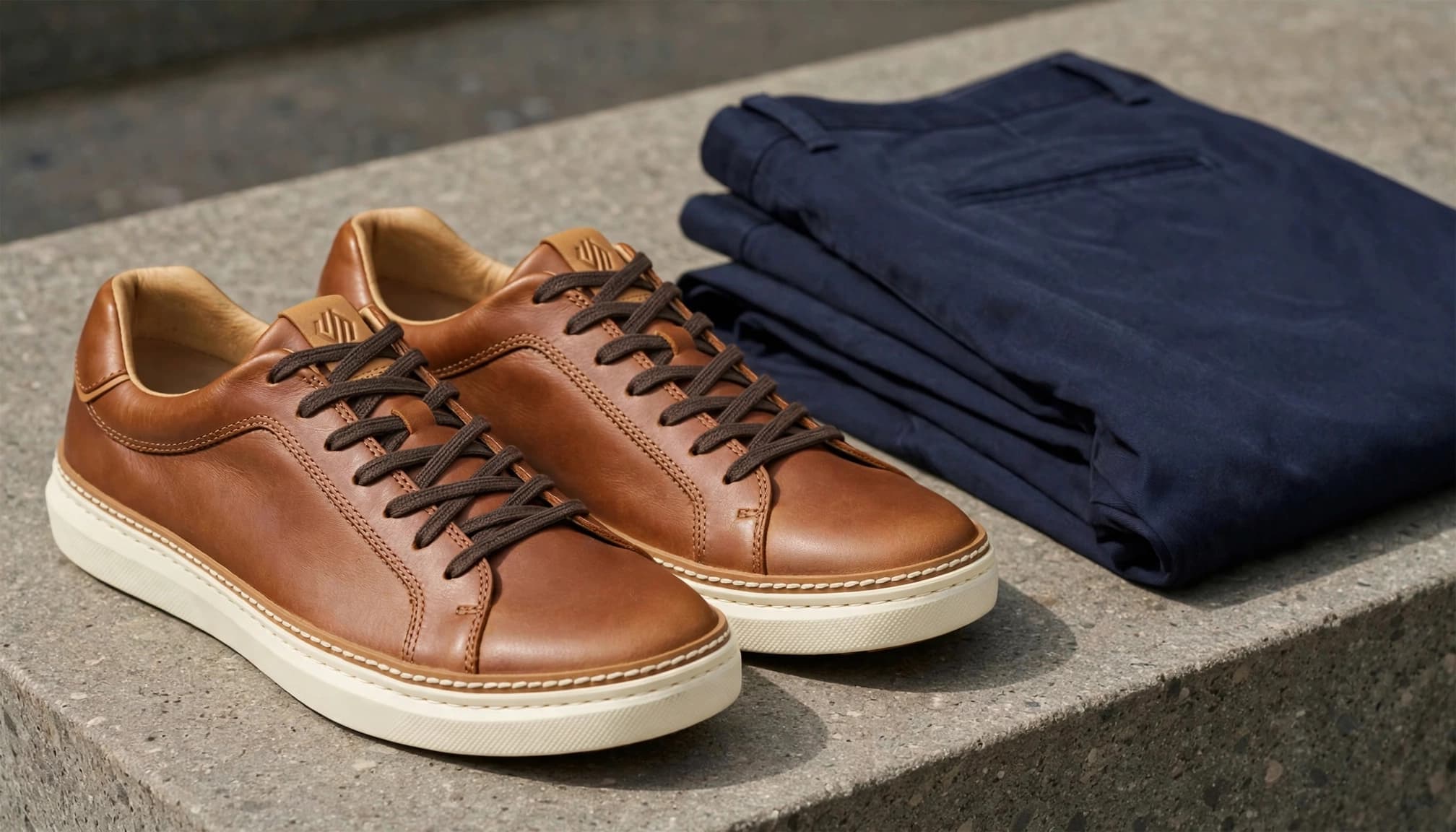 A pair of tan leather sneakers displayed on a stone surface beside folded navy chinos.