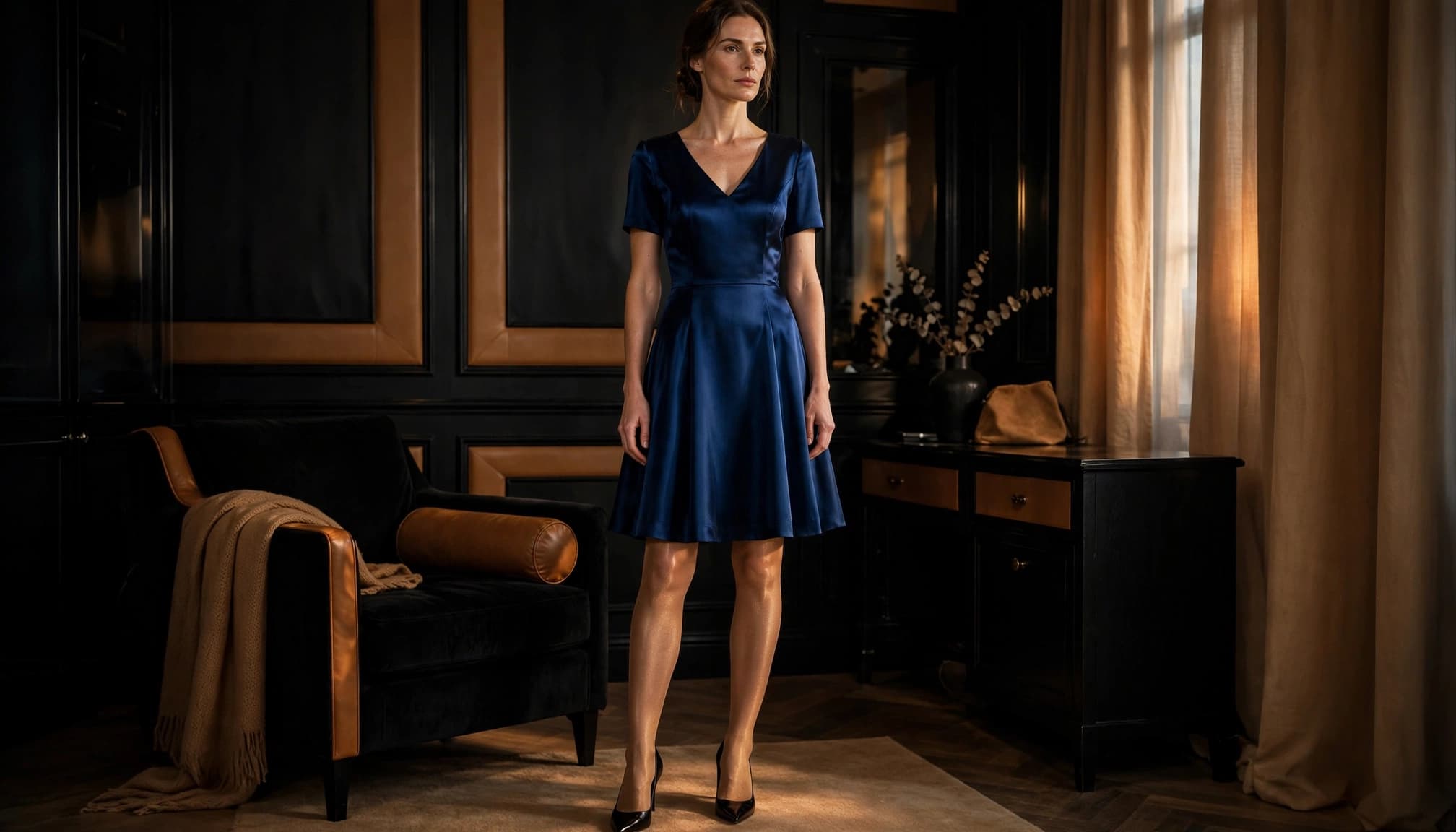 Woman wearing tan shimmer hosiery with a colorful cocktail dress and pointed heels.