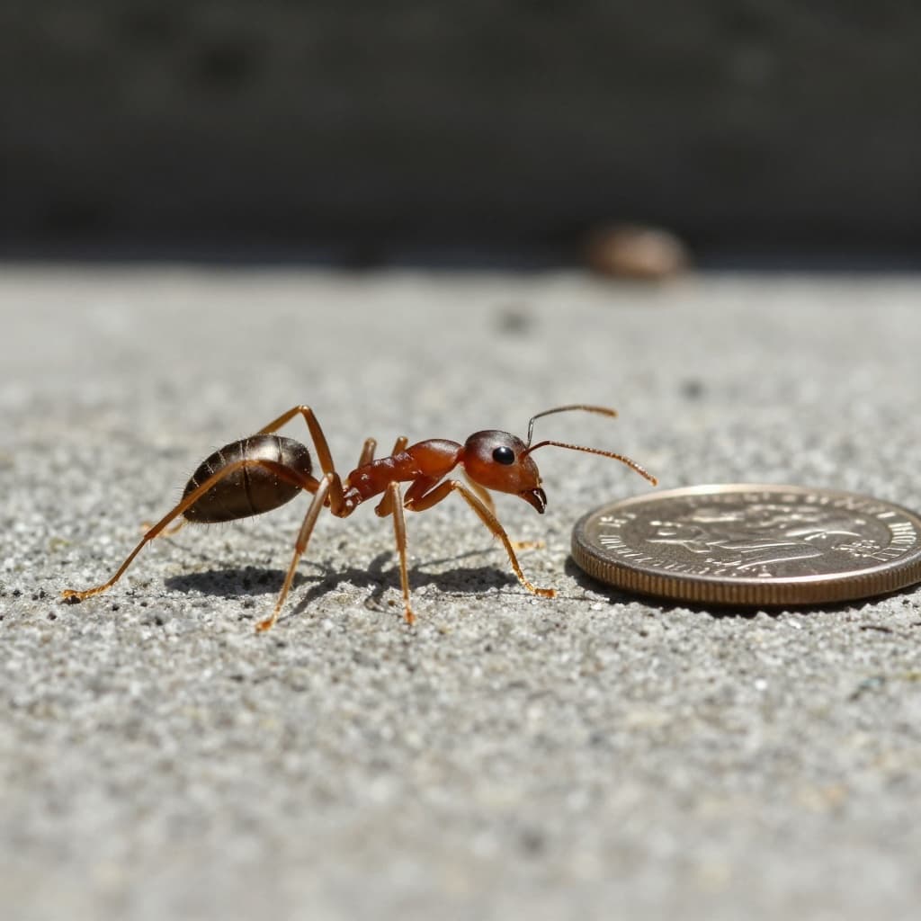 Realistic educational illustration of a single tawny crazy ant (Nylanderia fulva) worker on rough concrete, with U.S. penny edge for scale, shallow depth of field, and faint Florida driveway texture in natural midday light.