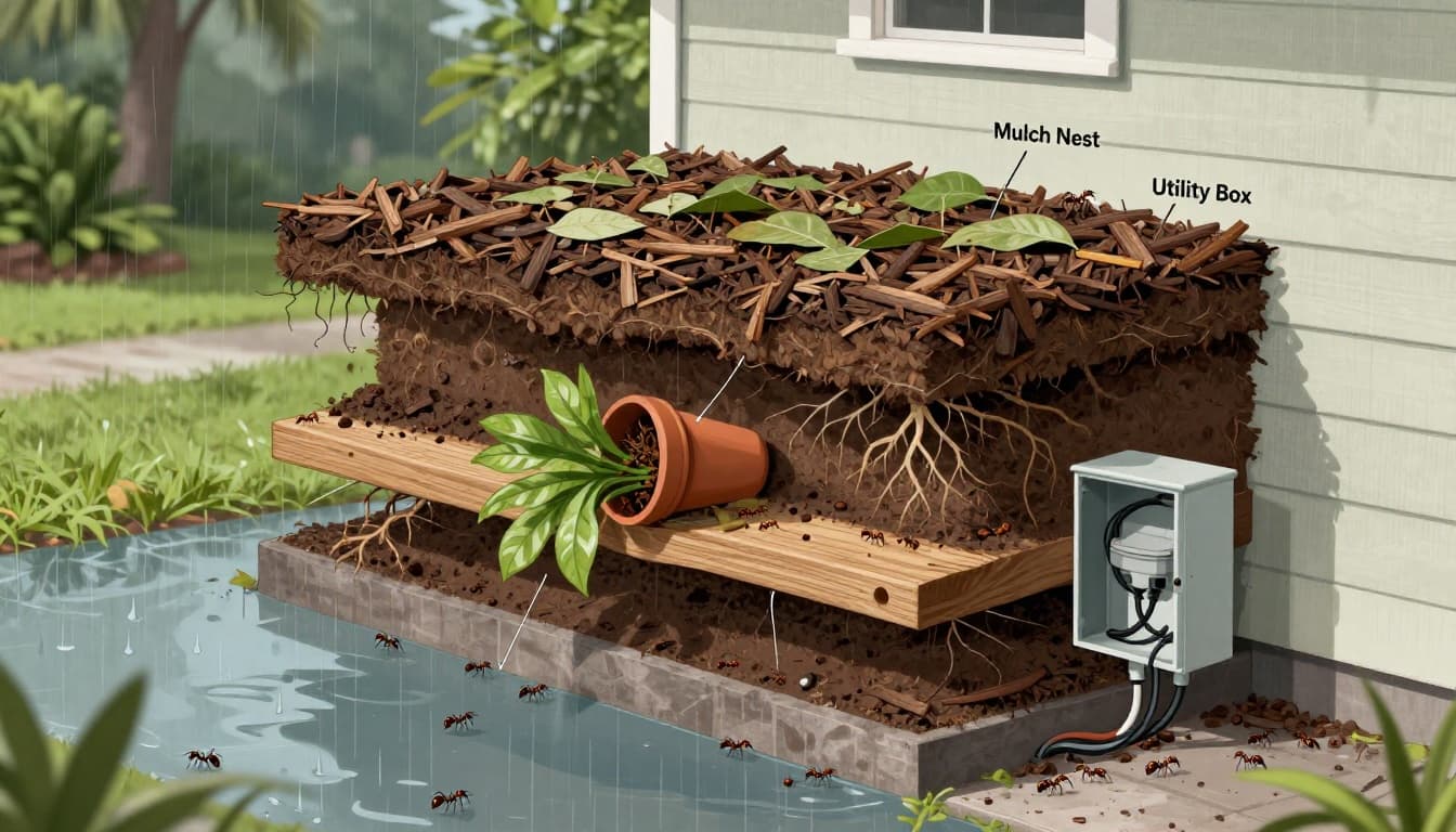 Hyper-realistic cutaway illustration of tawny crazy ant nesting sites in Cape Coral, Florida landscaping, featuring mulch, soil, potted plants, landscape timbers, and electrical utility boxes with clustering ants and minimal labels.