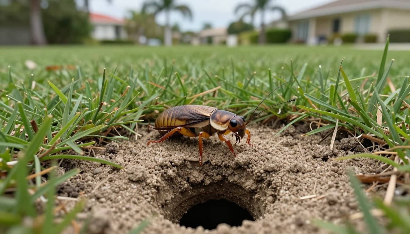 Close-up macro photo of a single tawny mole cricket on St. Augustine turfgrass and sandy soil in a Florida lawn, highlighting its shovel-like front legs and a nearby shallow tunnel opening. Photorealistic educational image for homeowners dealing with lawn pests in Cape Coral.