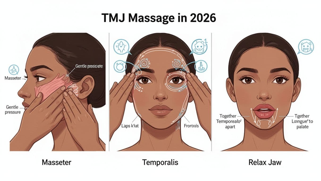 Three-panel clean medical vector illustration for patient education showing hand kneading masseter muscle on cheek (side view), fingers applying circular pressure to temporalis at temple (front view), and jaw release pose with neutral face.