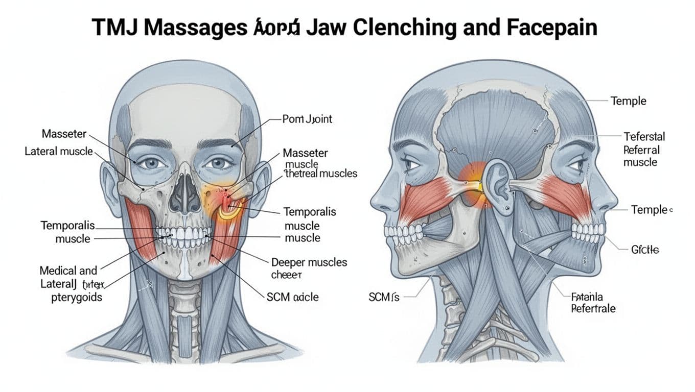 Clean medical vector illustration with front and side views of head and neck, highlighting TMJ joint, masseter, temporalis, pterygoid muscles, SCM, and pain referral areas on cheek, temple, and ear.