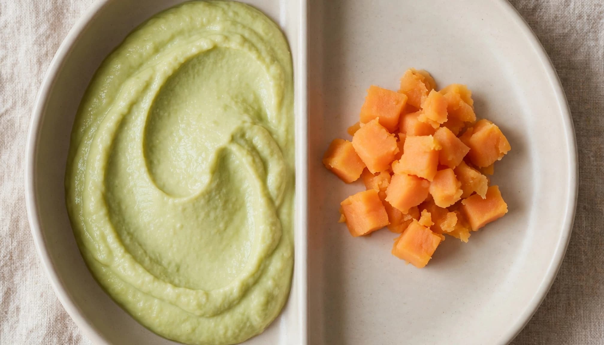 Mashed tofu and avocado sit beside steamed sweet potato in a divided plate.