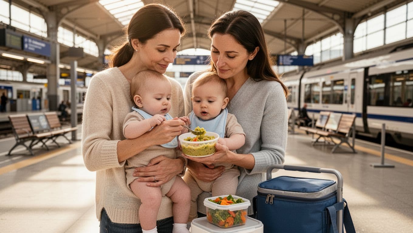 Mother feeds a baby mashed vegetables beside a cooler in a bright station waiting area.