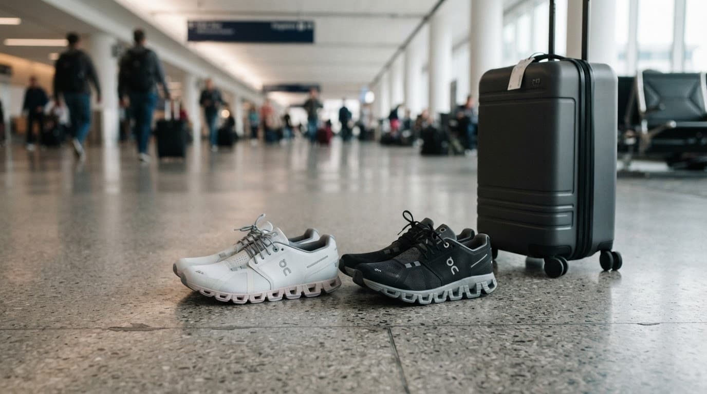 Two pairs of running shoes sit beside a small rolling suitcase on an airport floor.
