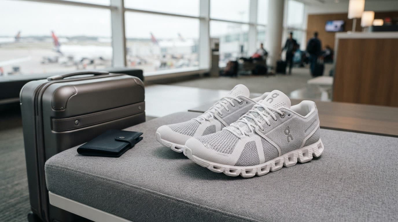 White knit travel sneaker beside a carry-on suitcase and folded wallet on an airport bench.
