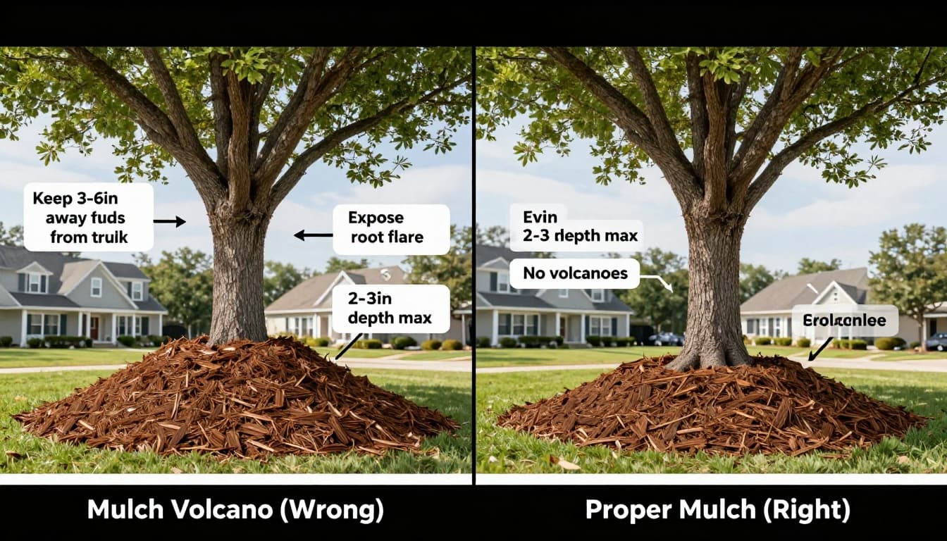 Clean, realistic split-screen educational infographic in landscape ratio showing incorrect 'Mulch Volcano' (left) with mulch piled against the trunk burying the root flare, versus proper mulch (right) with a 3-6 inch trunk gap, exposed root flare, and 2-3 inch even layer, set in an Atlanta front yard with Georgia clay tones.