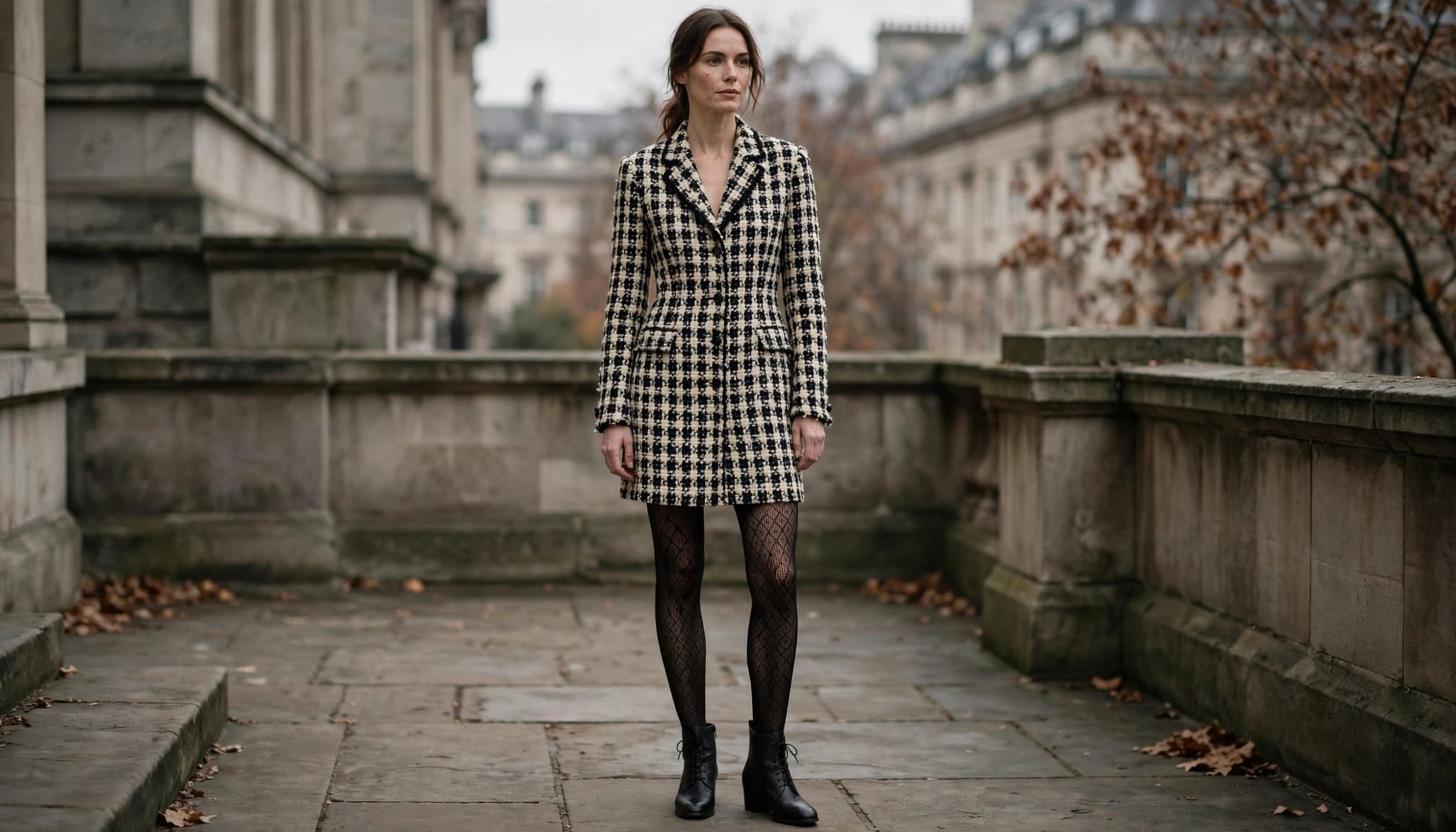 A woman wearing a tweed blazer dress and patterned tights stands on a stone terrace.