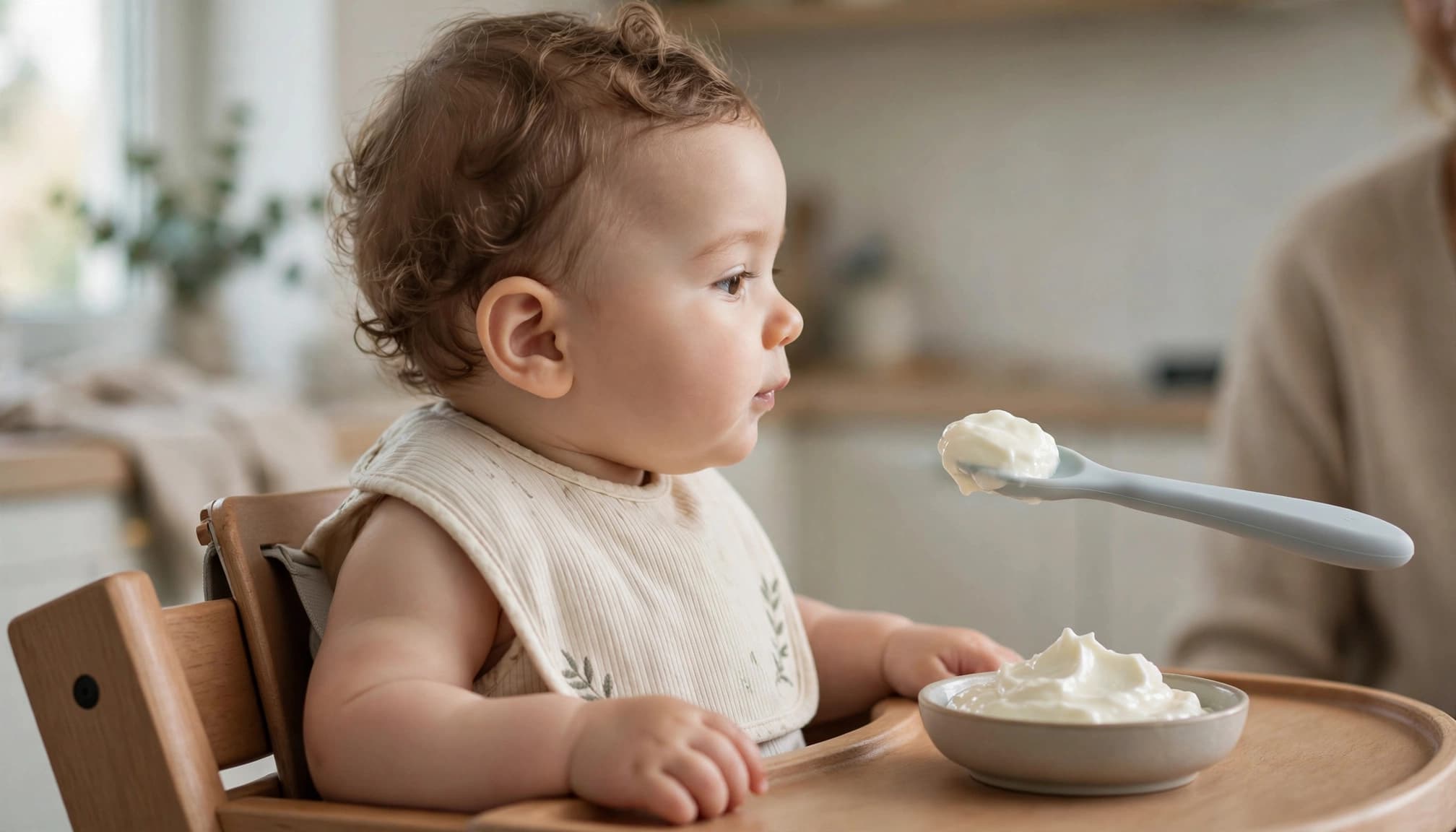 A baby in a high chair looking at a spoonful of yogurt held by an adult.