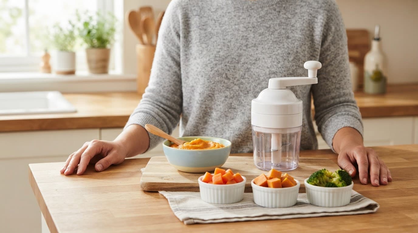 Caregiver prepares vegetable mash beside a small hand blender and separate dishes of cooked vegetables.