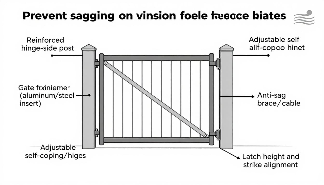 Clean vector line art diagram showing a vinyl gate with posts, correct hinge placement, anti-sag brace or cable, level latch position, and reinforcement callouts for preventing sagging in Cape Coral, Florida.