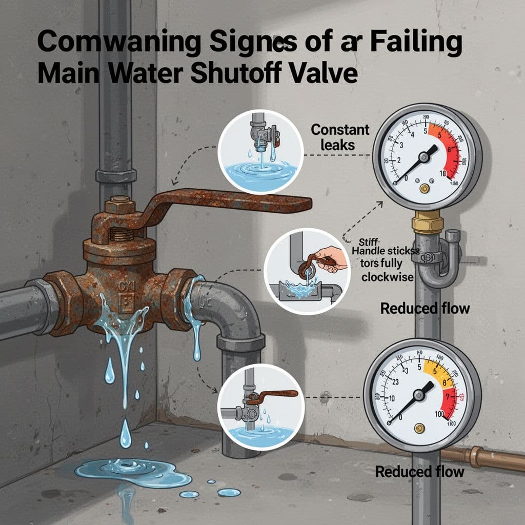 Vector flat illustration of common warning signs for a failing main water shutoff valve, featuring a corroded gate valve with dripping leaks, stiff rusted handle, and low pressure gauge in a dim garage setting.