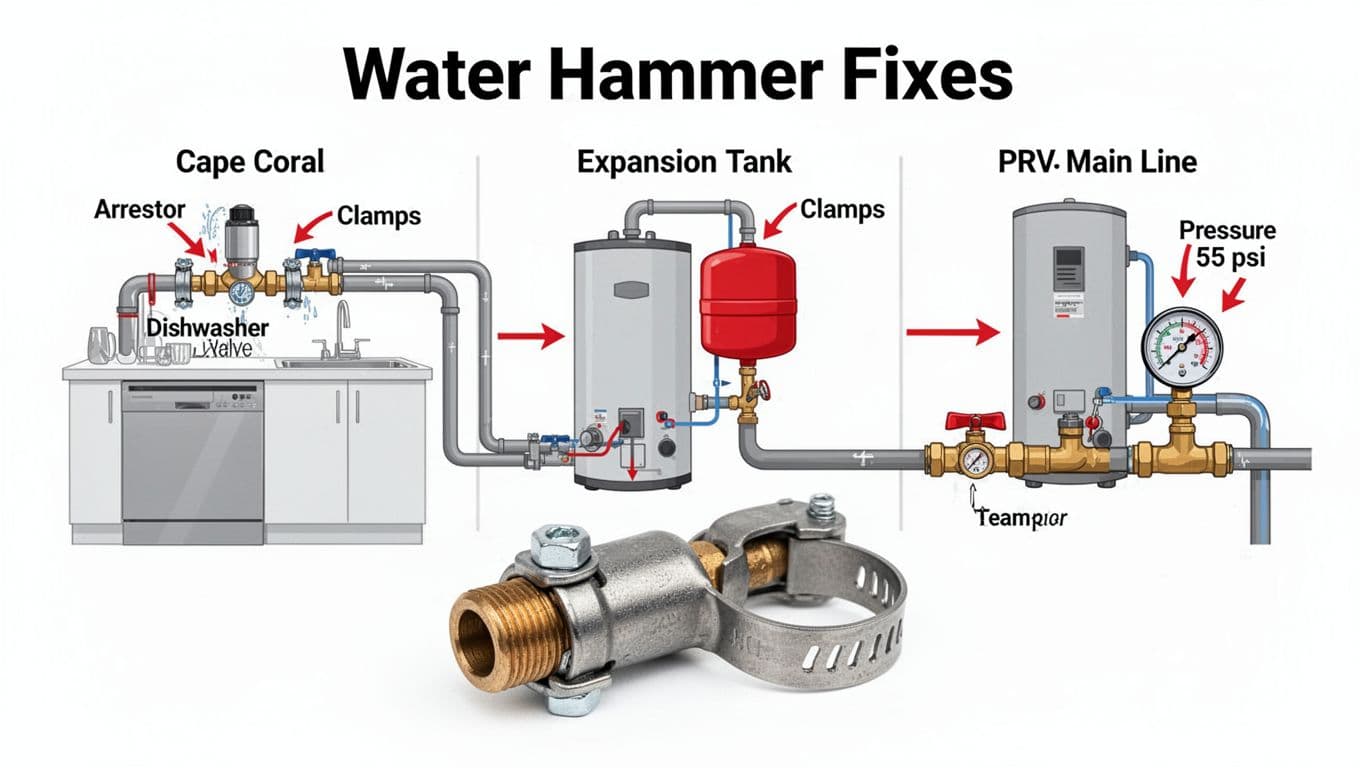 Modern flat vector illustration depicting three key water hammer fixes: arrestor with clamps near dishwasher, expansion tank on water heater, and PRV on main line with 55 psi gauge, using arrows and labels on a simple home pipe layout.