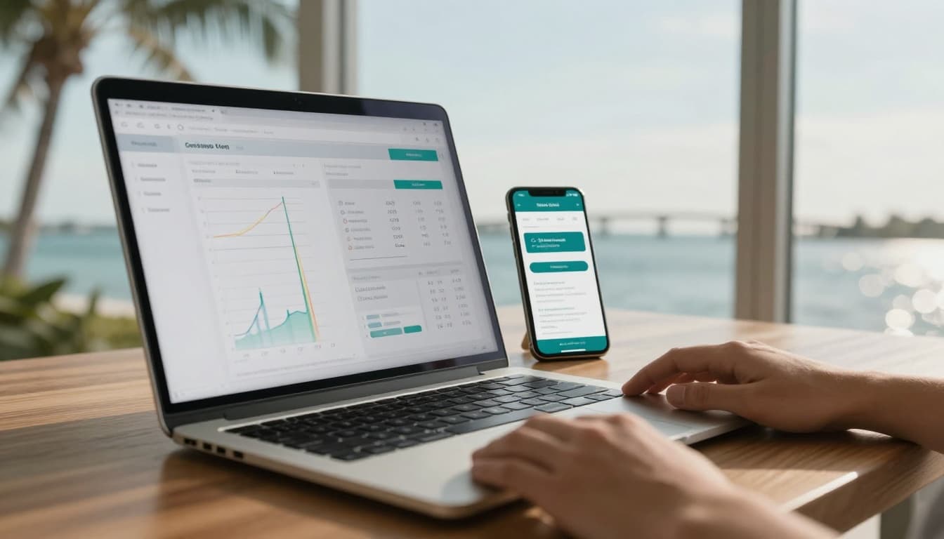 A clean, modern photo-realistic scene of a web performance optimization workspace with an open laptop displaying blurred speed test charts and core web vitals metrics, alongside a smartphone showing smooth mobile loading, set against subtle Fort Myers coastal views with palm leaves and a distant river bridge.