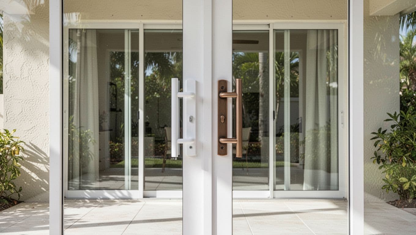 Two sliding glass doors show white and bronze handles side by side on a sunny patio.