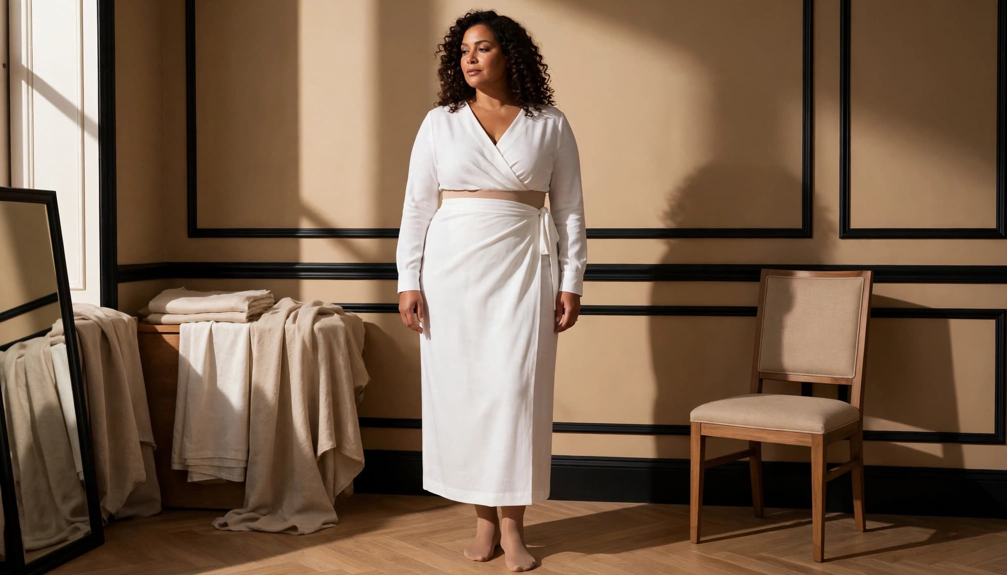 Woman in a white wrap dress and nude hosiery in a tan dressing room.