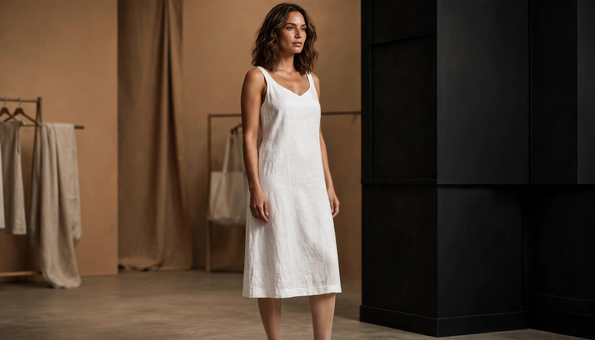 Woman in a white dress and sheer hosiery in a tan studio.