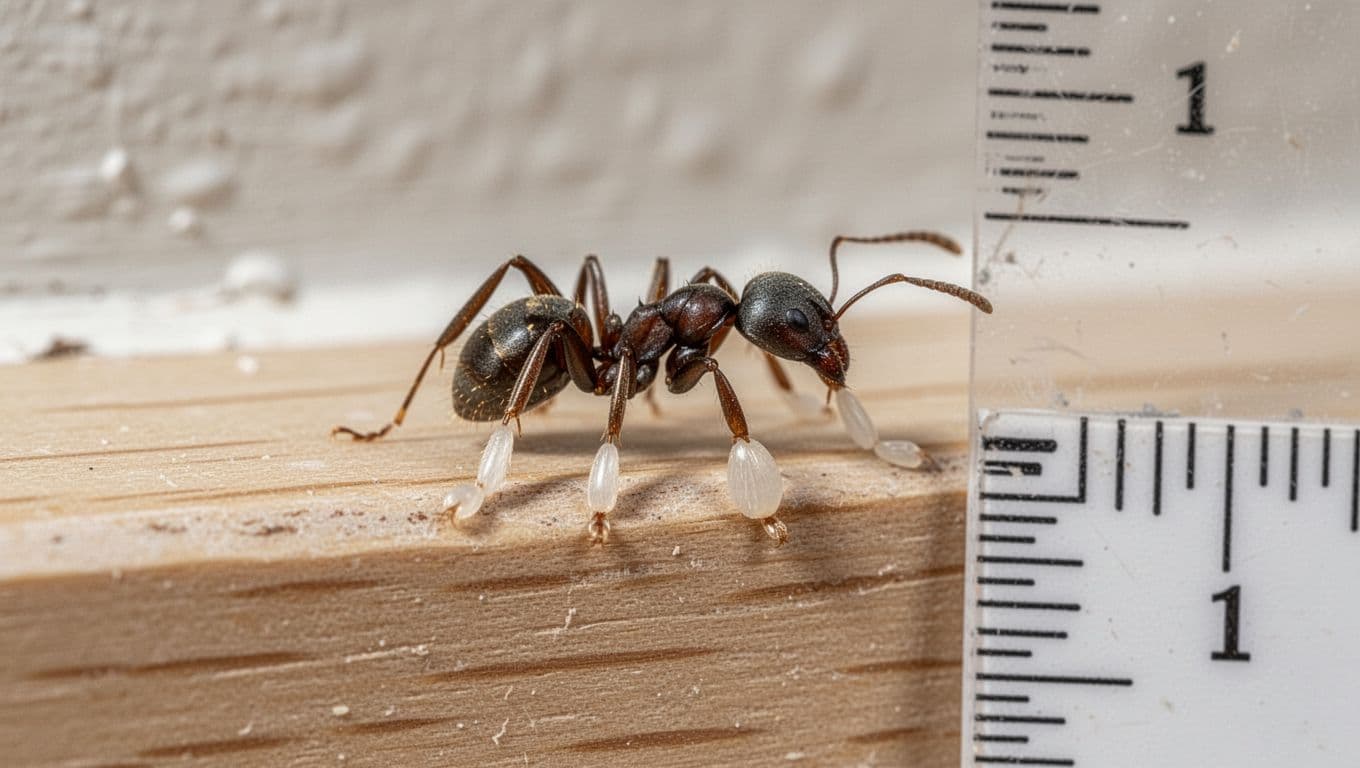 Photorealistic educational macro image of a single white-footed ant (Technomyrmex albipes) crawling on a light-colored wooden baseboard in a Florida home, with sharp focus on its pale tarsi and a nearby millimeter scale ruler for size reference.