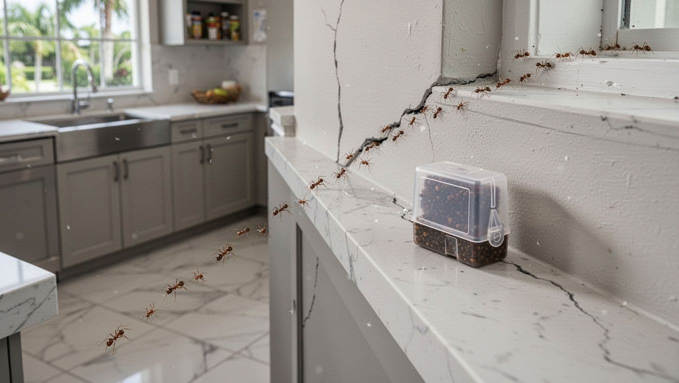 Photorealistic scene of a thin trail of white-footed ants along a wall crack and countertop edge near a sink in a clean modern kitchen, with a single generic plastic bait station placed along the trail.