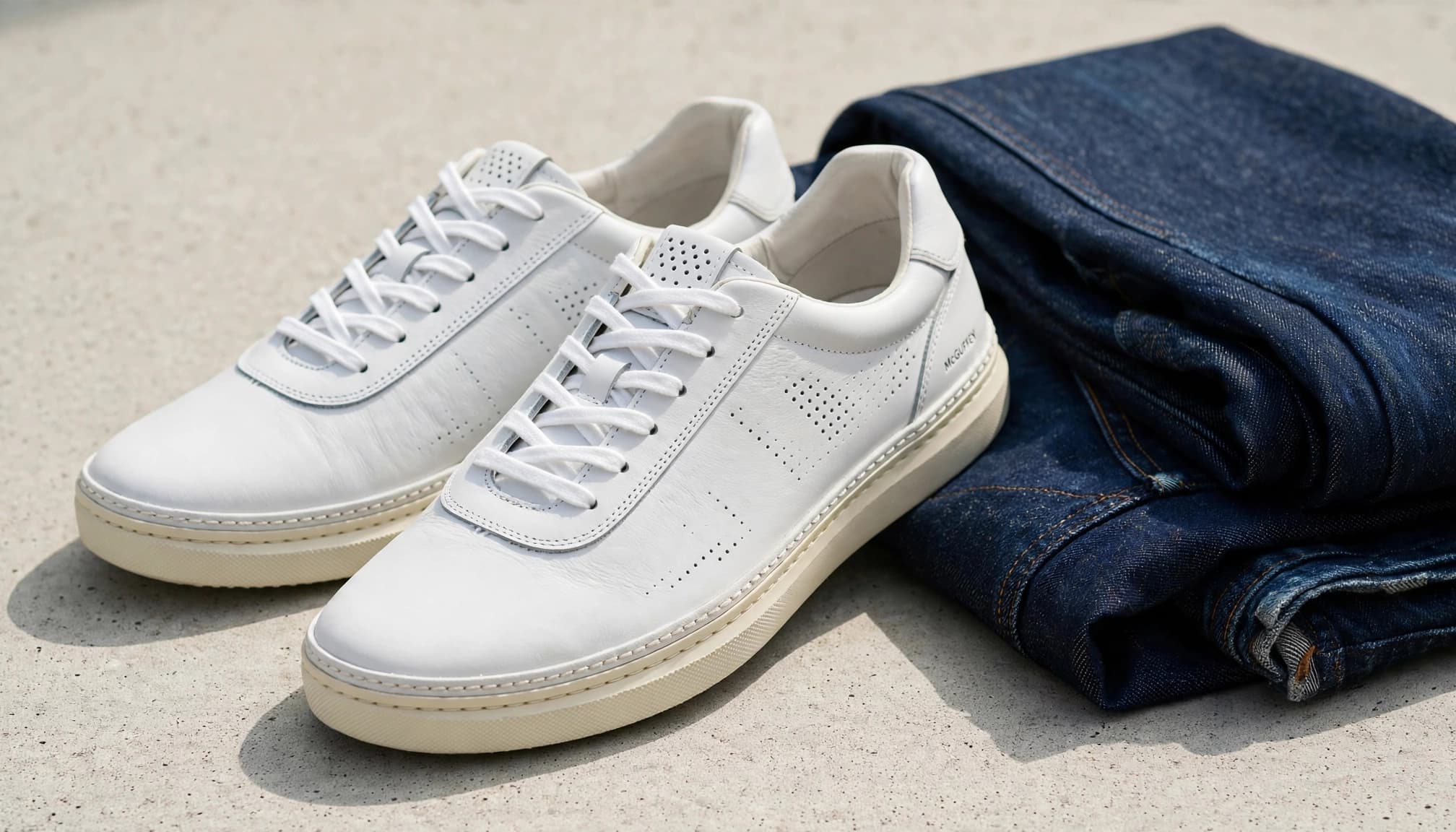 A pair of white leather sneakers next to folded dark denim jeans on a light surface.