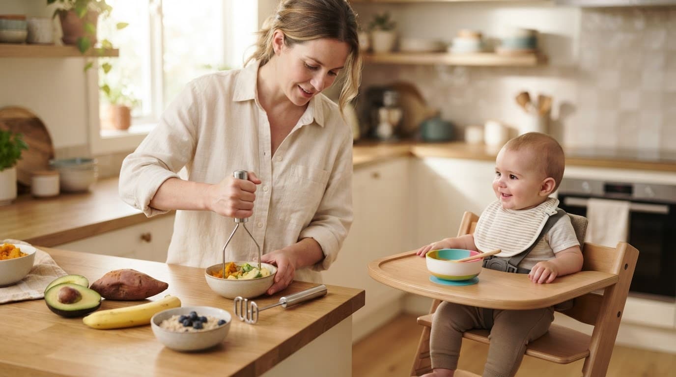 Caregiver prepares baby food beside an infant in a high chair with fresh ingredients nearby.
