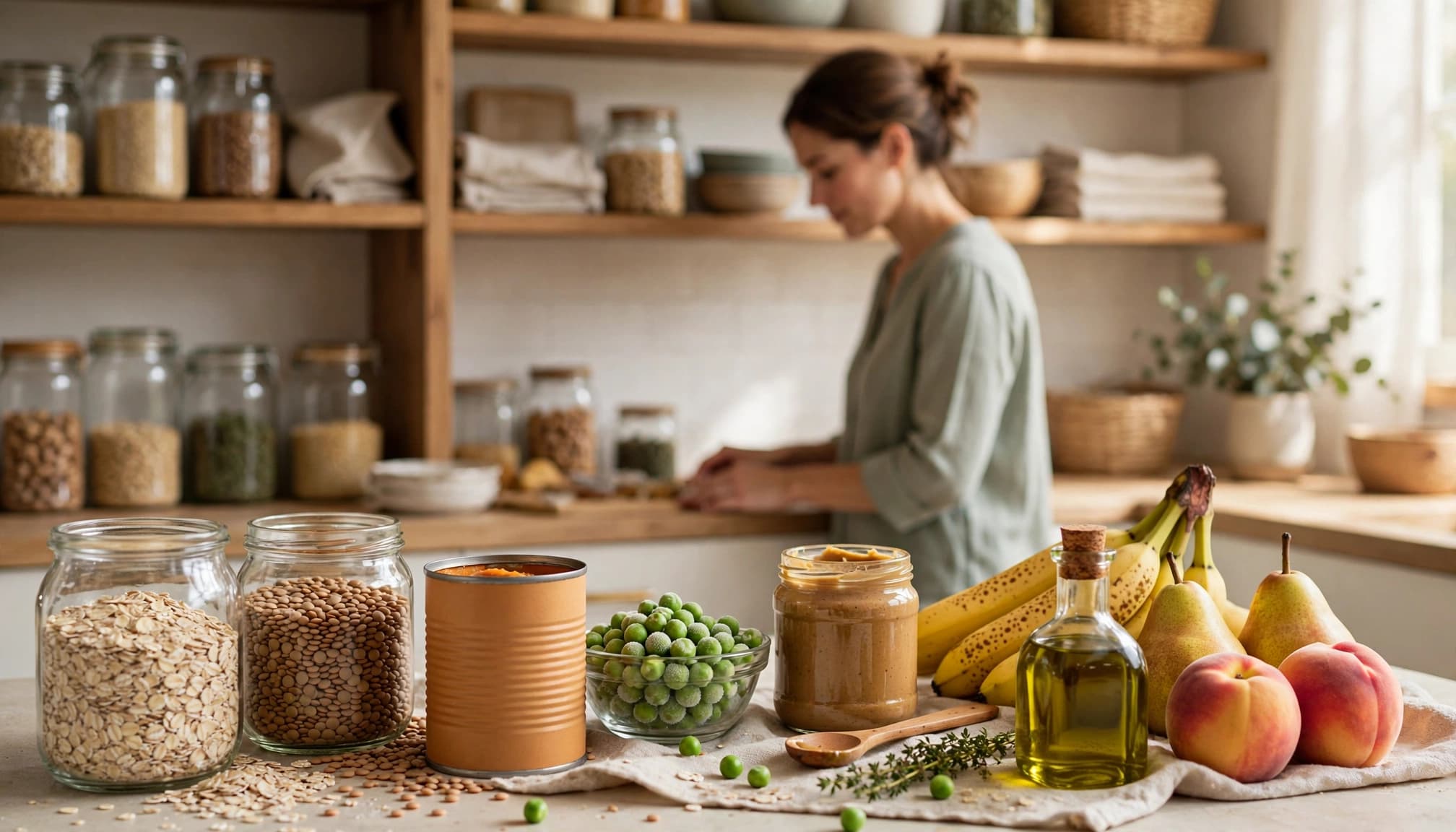Mother preparing baby food beside a pantry stocked with whole-food ingredients.