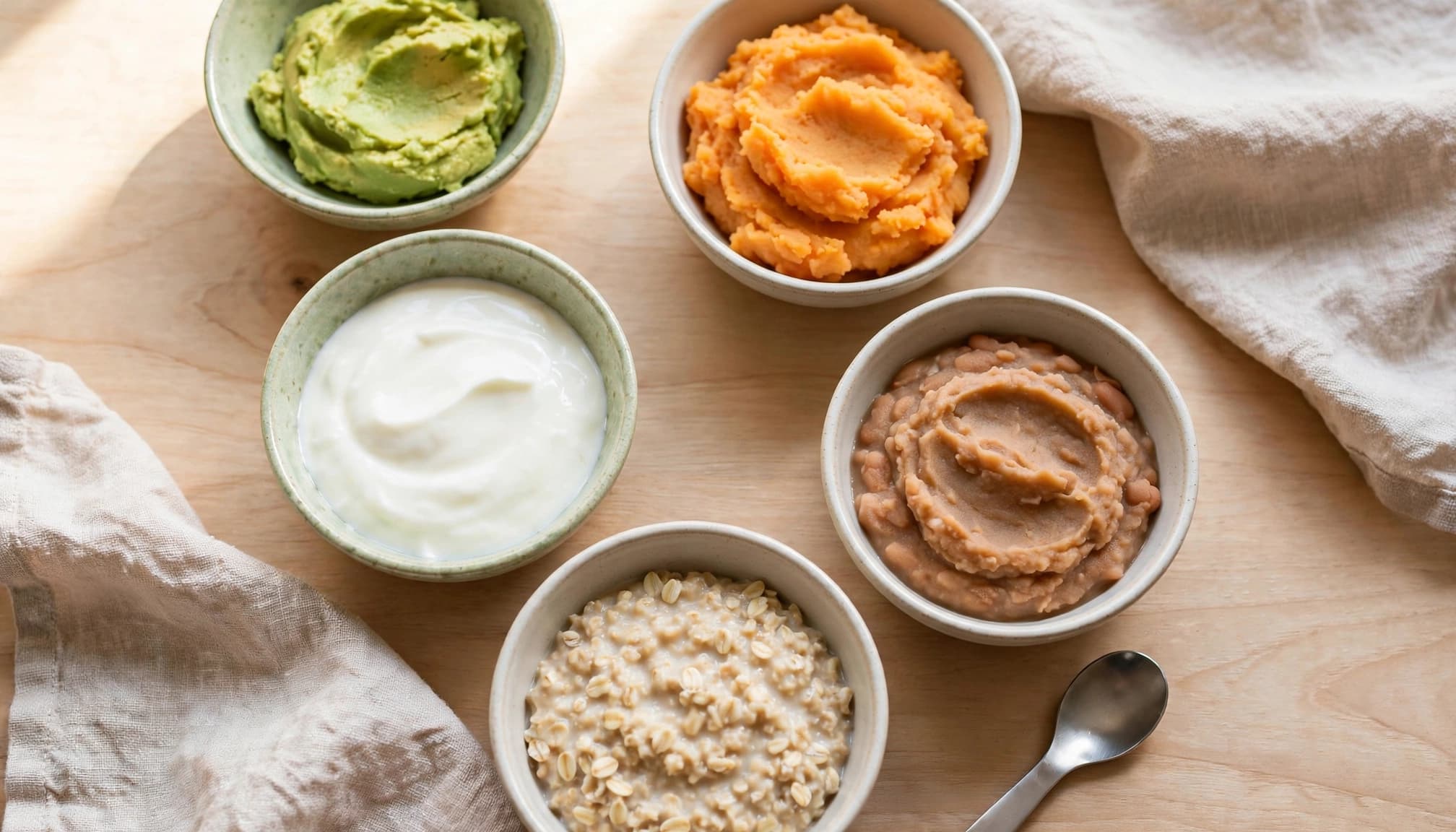 Small bowls of mashed avocado, sweet potato, yogurt, beans, and oats on a wooden table.