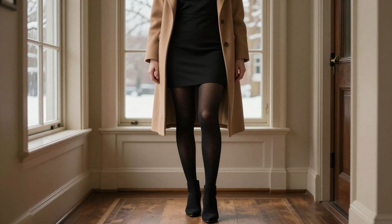 Woman in black tights, a midi dress, ankle boots, and a wool coat by a window.