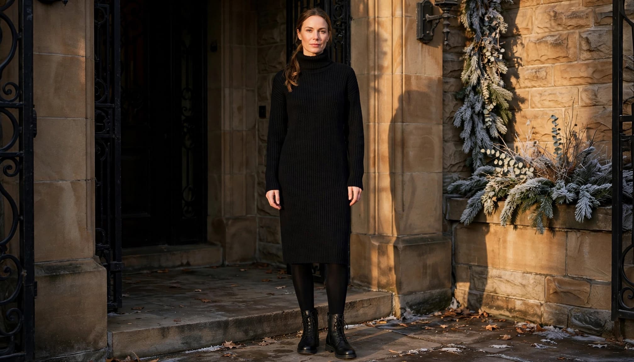 A woman wears a black sweater dress, opaque tights, and ankle boots in a stone entryway.