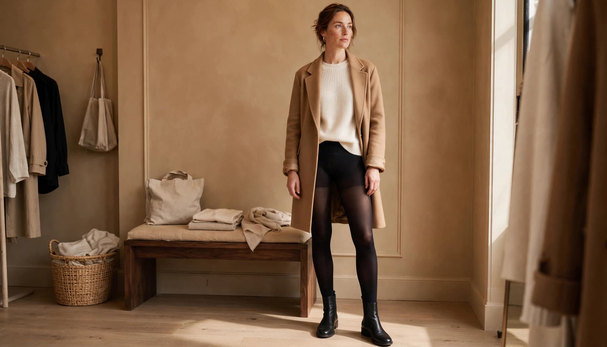 A woman wearing a tan coat, white sweater, and black tights stands in a boutique.