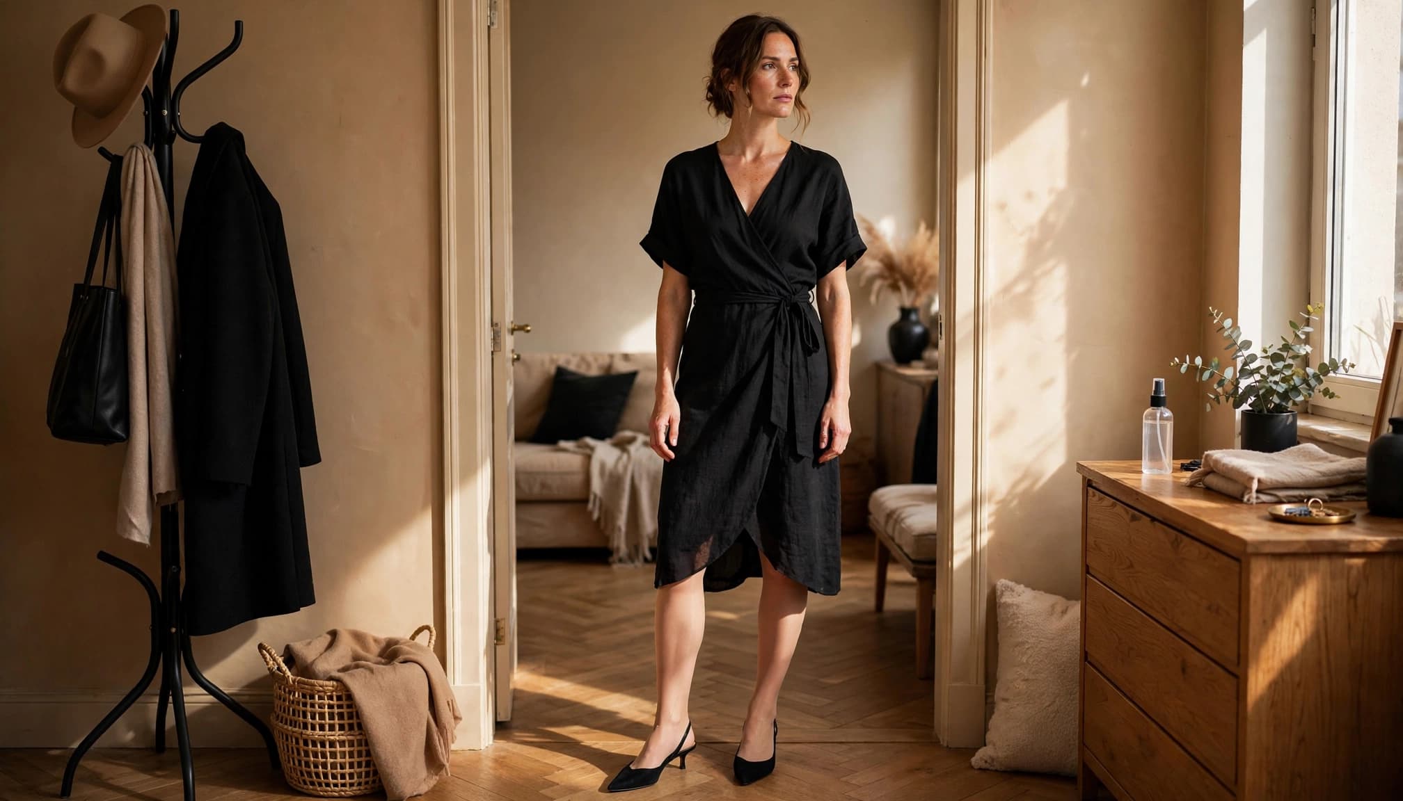 Woman in a black dress and sheer hosiery standing beside a coat rack.