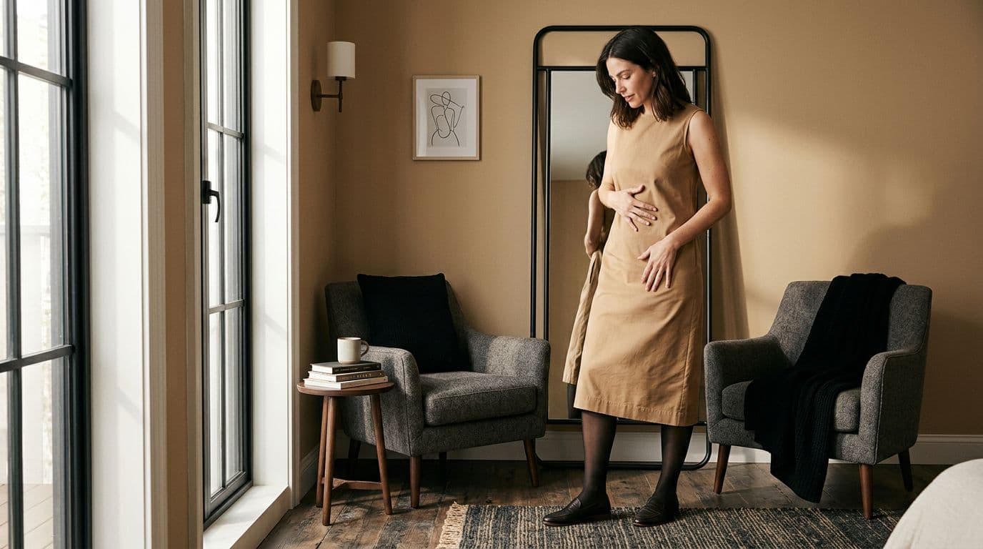 Woman in black hosiery smooths a tan dress beside a bedroom mirror.