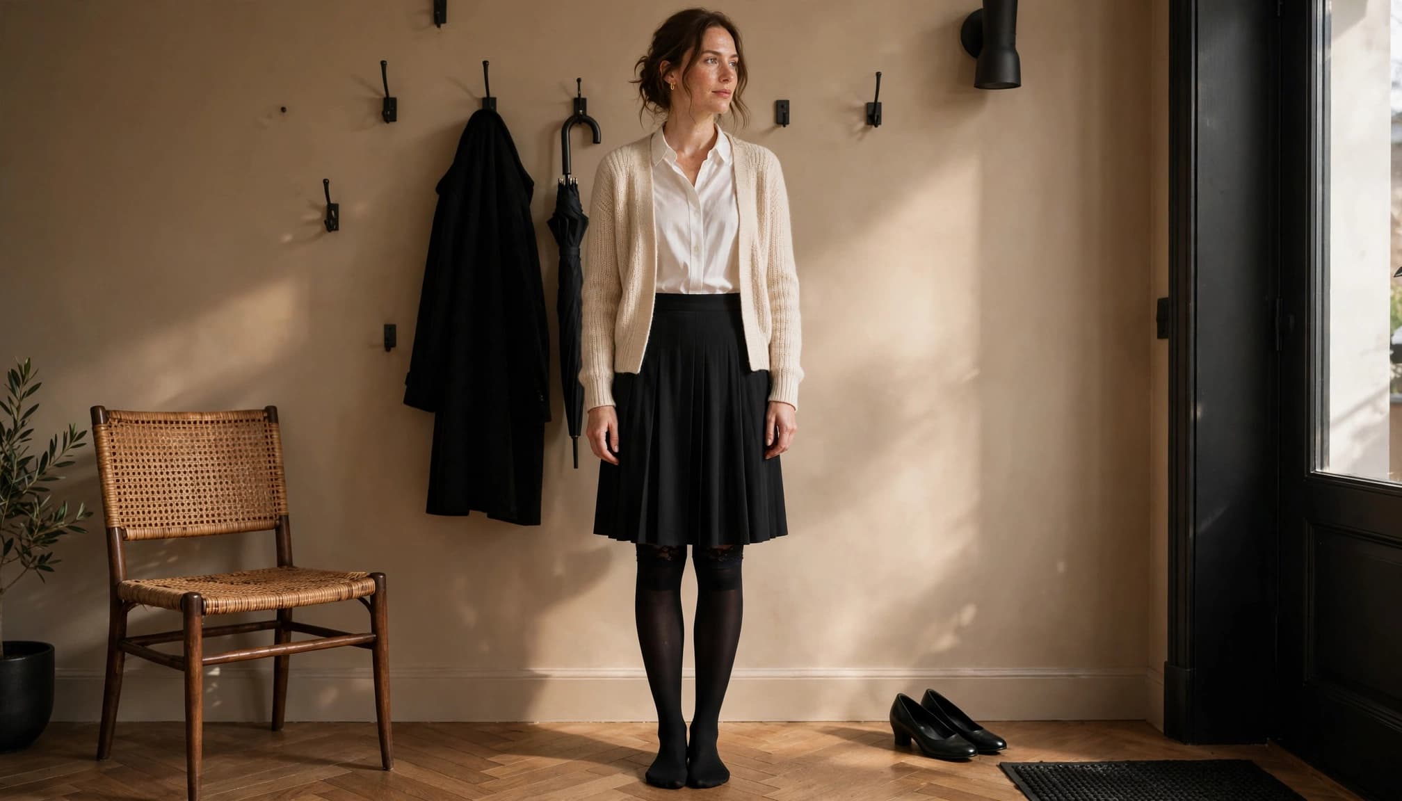 A woman stands in an entryway wearing a white shirt, beige cardigan, black skirt, and stockings.