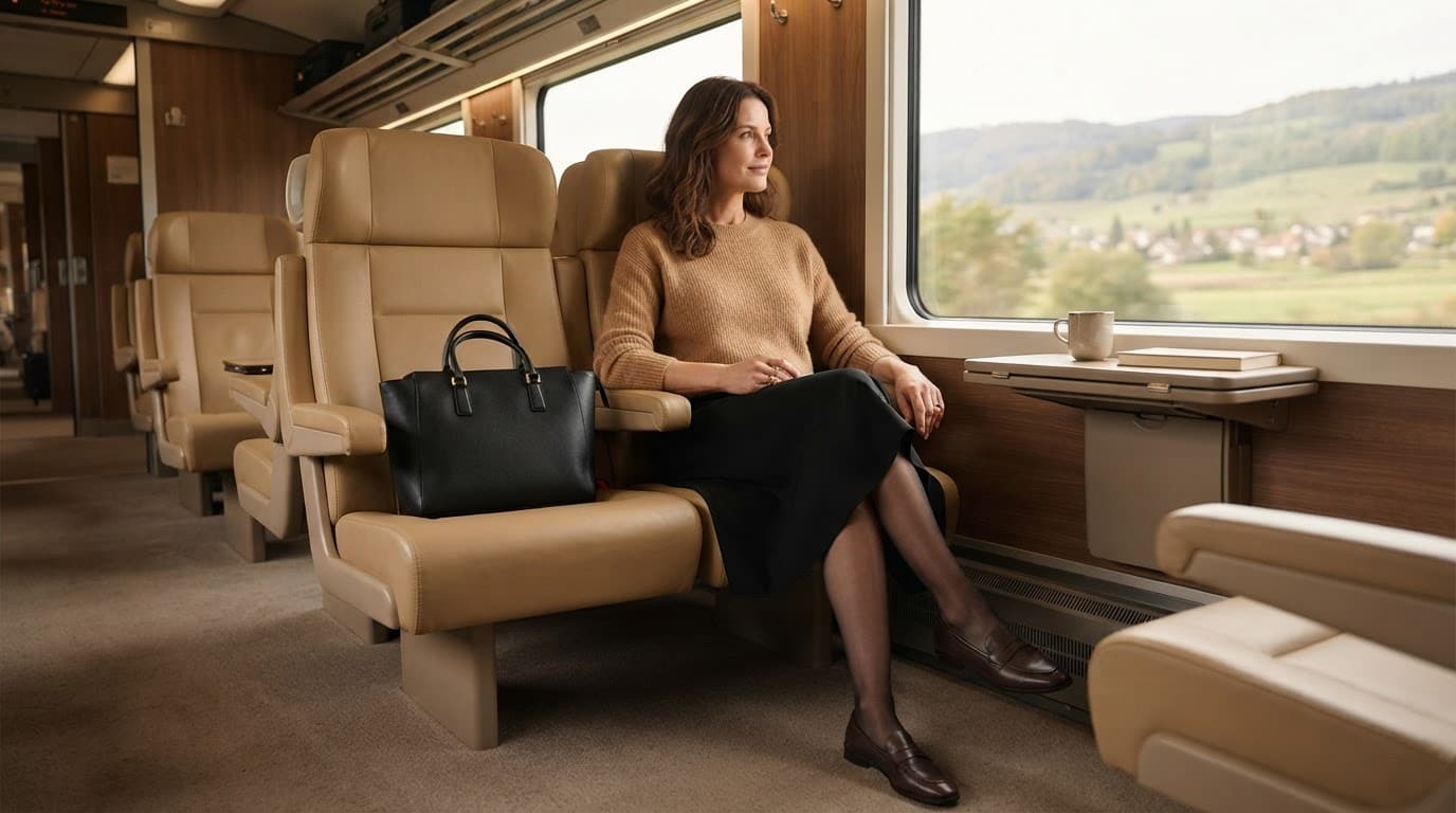 A woman in a tan sweater and black skirt sits comfortably on a train beside her bag.