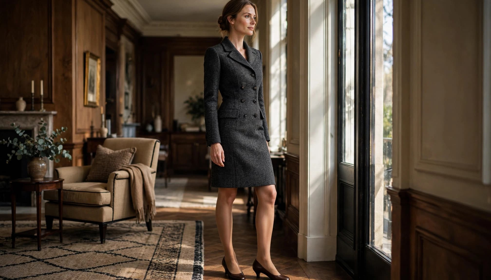 A woman in a grey tweed dress and pantyhose stands by a window in a wood-paneled room.