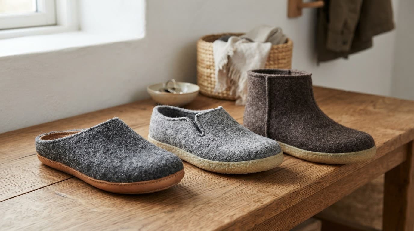 Three wool slippers in different styles rest on a wooden entryway bench.