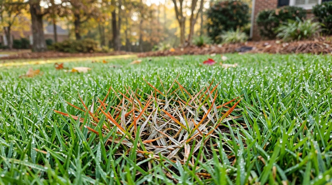 Close-up of Zoysia grass blades in suburban Atlanta affected by Large Patch disease, featuring thin orange-bronze leaf margins and grayish-tan centers in one small patch, contrasted with healthy green blades. Macro photorealistic view with soft natural fall light and detailed dew-kissed textures.