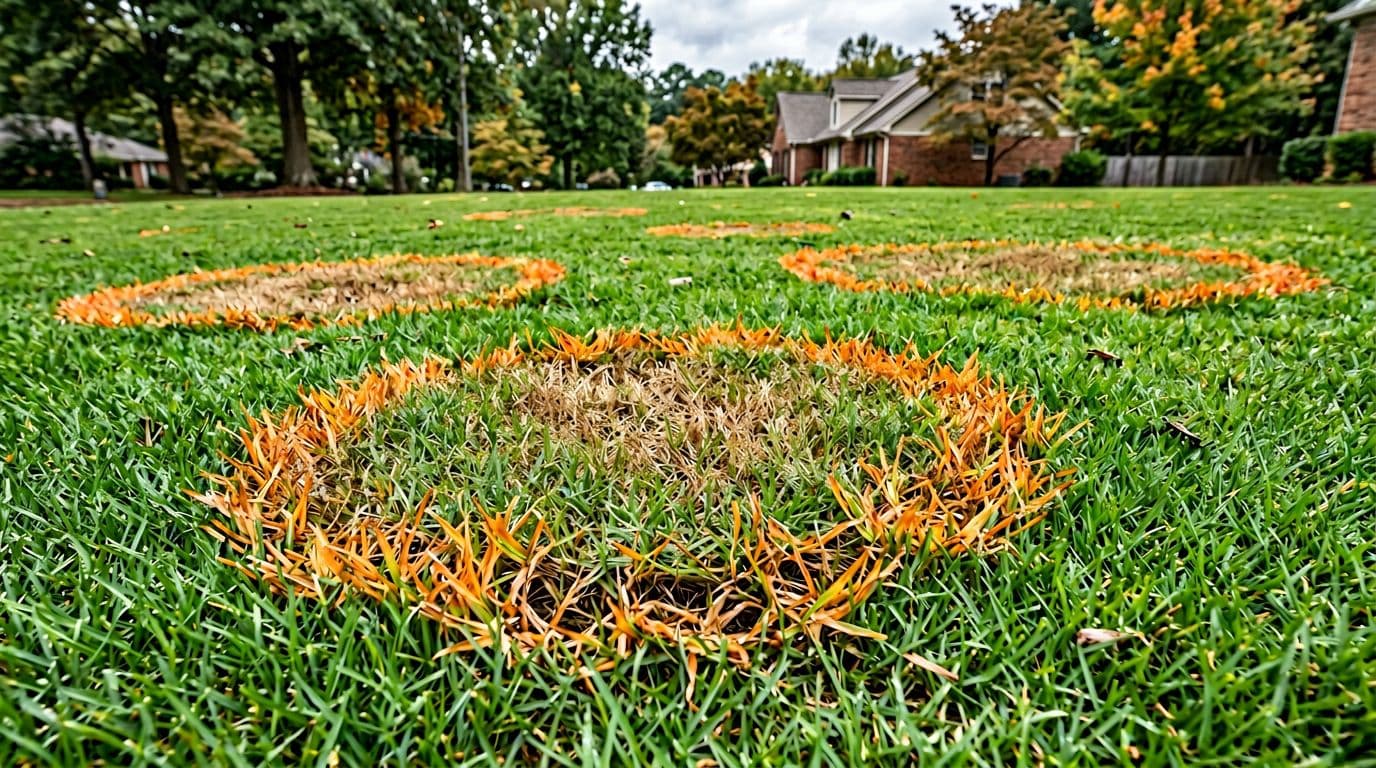 Photorealistic educational image of a Zoysia grass lawn in early fall suburban Atlanta displaying Large Patch disease with irregular 3-10 foot patches showing bright orange-bronze margins and tan-brown centers amid vibrant green turf.
